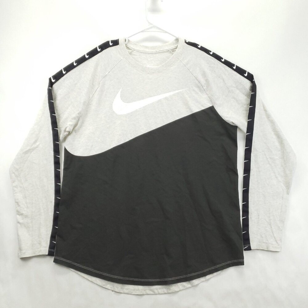 Nike Shirt Mens Large Black Gray Swoosh Cotton Raglan Sleeve Crew Neck Pullover